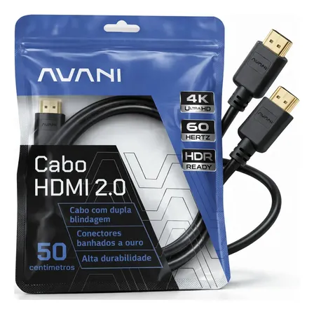 Cabo HDMI Curto 50cm Reforçado Dupla Blindagem Alta Durabilidade Versão 2.0 4K Ultra HD HDR ARC CEC Ethernet Conector Banhado a Ouro 50 Centímetros