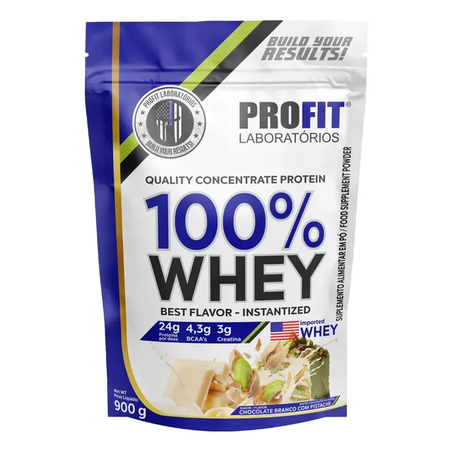 100% Whey - Isolado E Concentrado Refil 900g - Profit Sabor Chocolate Branco Com Pistache