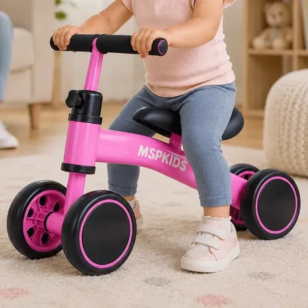 Bicicleta De Equilíbrio Infantil Rosa 4 Rodas Sem Pedal Bebê Msp Kids, Primeira Bike Para Criança A Partir De 1 Ano, Assento Ergonômico, Guidão Ajustável Até 140°, Pneus Em Eva E Aço Carbono