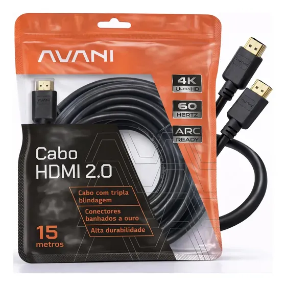 Cabo HDMI 15m Reforçado Tripla Blindagem Alta Durabilidade Versão 2.0 4K Ultra HD HDR ARC CEC Ethernet Conector Banhado a Ouro 15 metros
