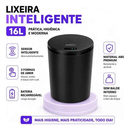 Lixeira Inteligente Automática Redonda Recarregável USB‐C Sensor para Cozinha Banheiro Escritório