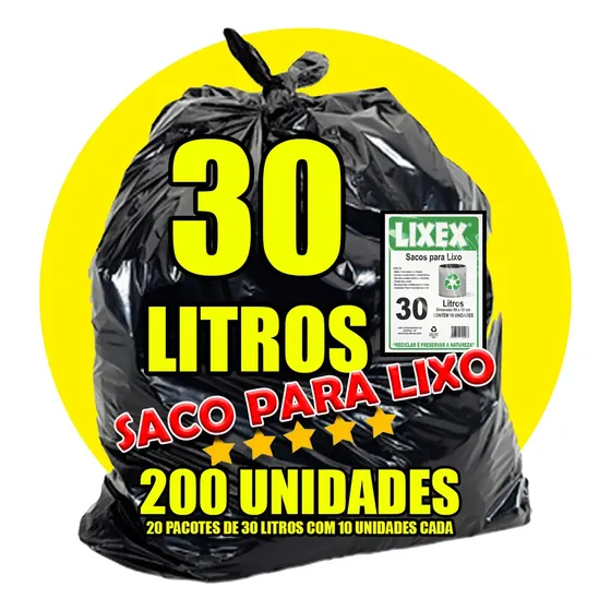 Saco de Lixo 30 litros Reforçado 200 Unid Resistente Preto Lixex