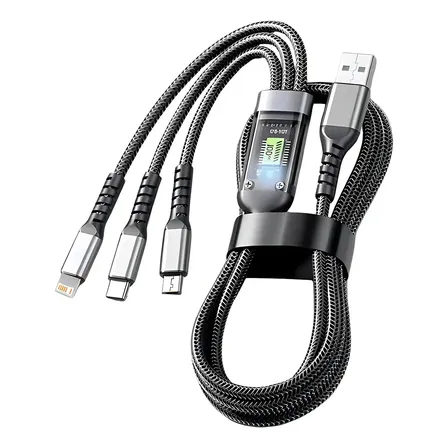 Cabo Carregador 3 Em 1 Turbo 100w Tipo C, V8, Para iPhone Cor Cinza