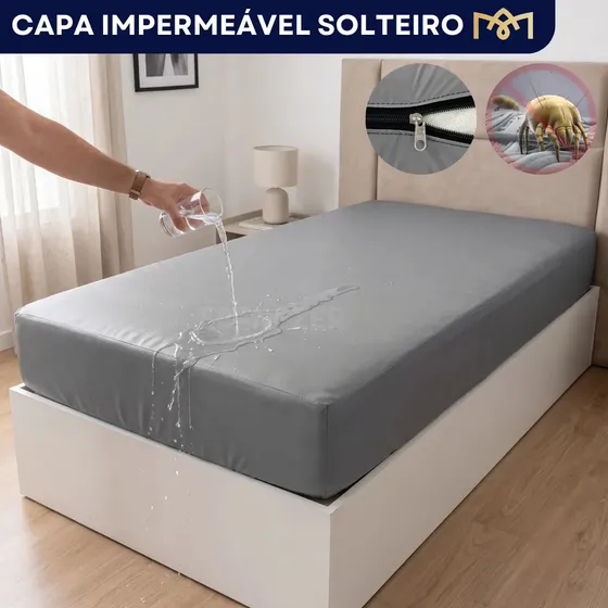 Capa Protetora Cama Solteiro Impermeável Antialérgico Ebenezer Zíper Cinza Liso