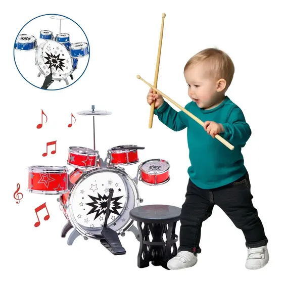 Atentu Mini bateria infantil atentu banquinho brinquedo com 5 tambores vermelho