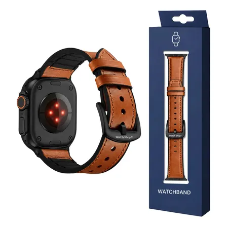 Pulseira Couro Interior Silicone Para Apple Watch Ultra 1/2/3 49mm Cor Caramelho - Preto Largura Da Pulseira 49 Mm 4.9 Cm