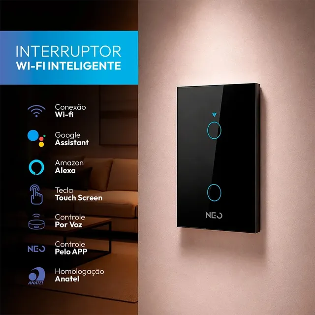 Interruptor Smart Inteligente Wi-fi 2.4 Ghz Alexa Google 2 Botões 4x2 Bivolt Preto Cod: 291990383 Neo Avant Preto 2 127/220v