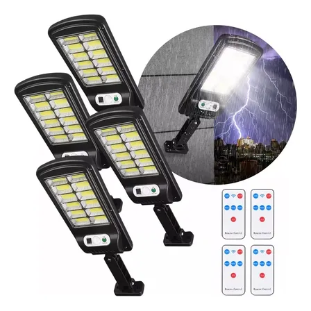 Kit Com 4 Refletores Solares Led De 600w Para Jardim Com Sensor De Presença E Controle Remoto Preto Branco-frio