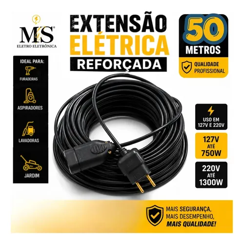 Extensão Eletrica Reforçada 50 Metros 10/20a Obra Profissional Ms Eletro Eletrônica Preto 127/220v
