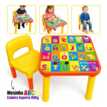 Mesinha Infantil Educativa Com Cadeira Alfabeto Letras Didática Pintura Desenho Refeição Atacarejo Kids Amarelo