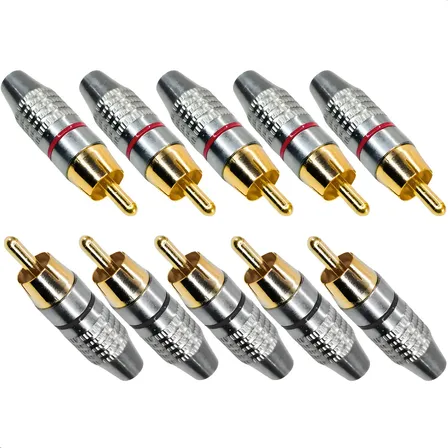 Conector Rca Macho Niquelado Profissional Com Ponta Dourada Para Áudio E Vídeo - Kit 10 Unidades Nvk Prateado