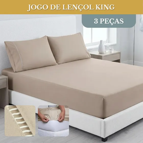 Jogo De Lençol Cama King 03 Peças 400 Fios Ponto Palito Cor Cáqui Desenho Do Tecido Lisa