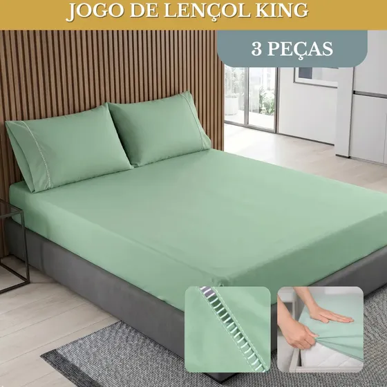 Kit Jogo De Lençol Cama King 03 Peças Percal 400 Fios Ponto Palito Toque Macio Confortável Hotel Cor Verde