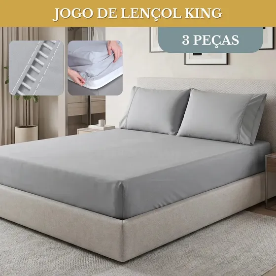Jogo De Lençol Detalhe Ponto Palito 400 Fios Luxo Conforto Macio King 3 Peças Cor Cinza Liso
