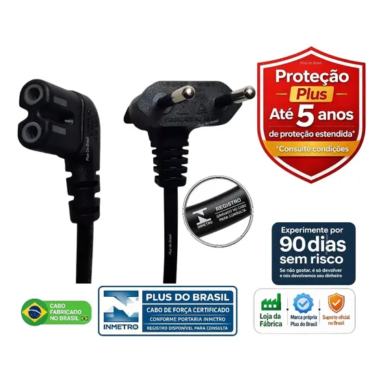 Plus Do Brasil Cabo De Força Alimentação Bipolar 90 Graus Para Smart Tv Samsung LG Tcl Impressora Ps5 Ps4 Ps3 Xbox Jbl BoomBox Tipo 8 C7 Oitinho Bivolt 127/220V Reforçado 100% Cobre BR