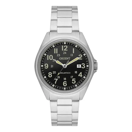 Relógio Orient Masculino SolarTech MBSS1492 P2SX com Pulseira de Aço Prateado e Fundo Preto