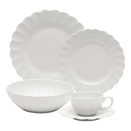 Aparelho De Jantar 20 Peças Camelia Flora Oxford Porcelana Off White Liso Com Alto Relevo Branco