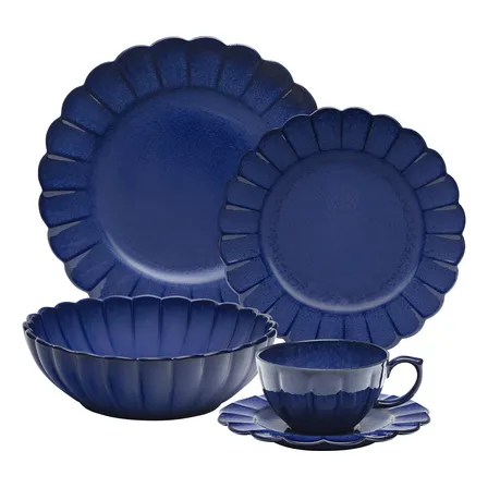 Aparelho De Jantar 20pç Amor Perfeito Flora Oxford Porcelana Azul Liso Com Alto Relevo
