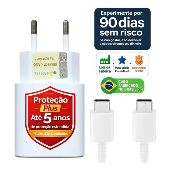 Plus Do Brasil Carregador Rápido Tipo C Para Samsung Apple iPhone 17 16 15 Motorola Xiaomi - Com Cabo Blindado Premium Branco BR Certificado Anatel
