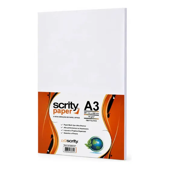 Papel Sulfite A3 75g Branco Scrity Pacote com 100 Folhas