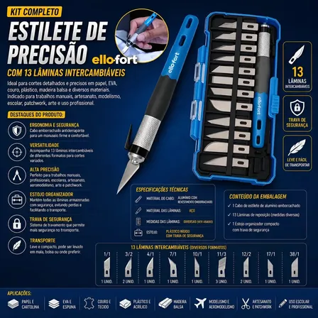 Estilete De Precisão Profissional Ellofort, Kit Com 13 Lâminas E Cabo Emborrachado, Metal