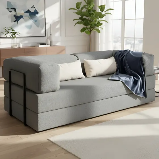 Sofá De Espuma 2 Lugares 1,90m Bouclê Cinza Na Caixa Estilo Industrial Com Metal Escandinavo