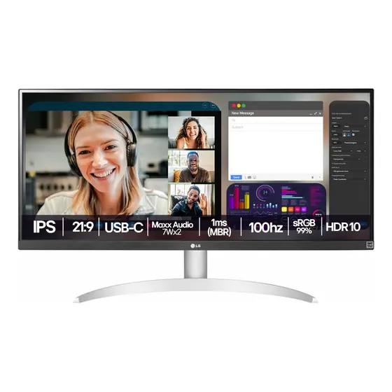 Monitor LG UltraWide - Tela IPS de 29", 21:9, USB-C, 7Wx2 MaxxAudio, sRGB 99%, 100Hz , Branco- 29WQ600B