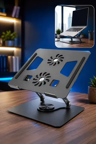Suporte mesa pra Notebook Ajustável 360° com Cooler 2 Ventoinhas Base Ergonômica em Alumínio Refrigerada Ventilada Universal para Laptop MacBook Gamer Home Office VLX