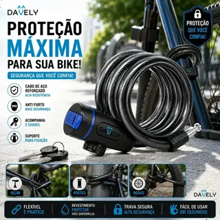 Cadeado Bicicleta Cabo de aço Corrente Prender bicicleta Reforçado Trava Segurança 1,5M Com Suporte Chave Corrente Prender Bicicleta Cadeado Marca Davely Bike Segurança