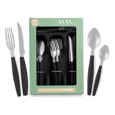 Faqueiro Inox Jogo De Talheres Porta Talher Com 25 Peças Cor Preto Mmhouse