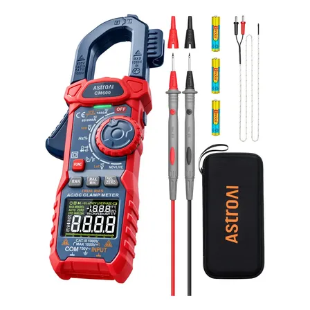Alicate Multímetros profissional Digital AstroAI CM 600 pinça de corrente Inrush,1000A TRMS, teste de corrente e tensão com VFD,modo LOZ;mede corrente CA/CC,tensão,temperatura,resistência,capacitância