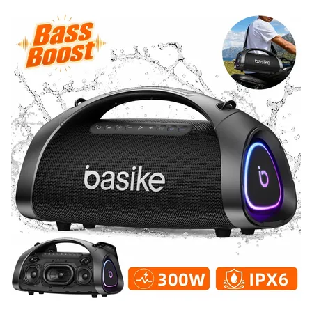 Caixa De Som Bluetooth 300w Basike Caixa Som Portátil Ba-rad134 30000mah Ipx6 Boombox Subwoofer Com Rgb Luzes Led, Power Bank Preto 127/220v