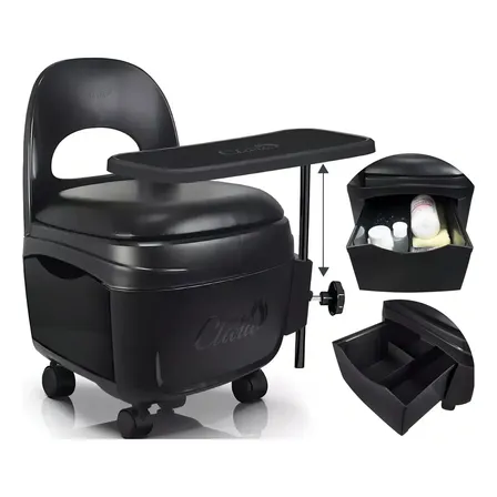 Cadeira Cirandinha Manicure Pedicure Preto Santa Clara com Gaveta e Rodinhas