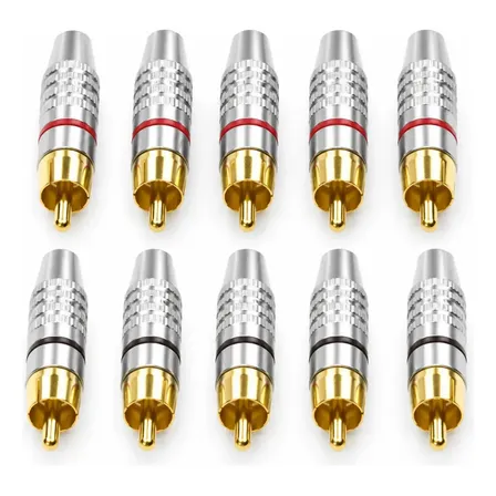 Plug RCA Macho Kit 10 Unidades Bertô Metal Niquelado Ponta Banhada a Ouro, 5 Anéis Vermelhos e 5 Pretos, Encaixe Firme, Nota 4.8 em 469 Avaliações, Ideal para Som Automotivo, Home Theater e Cabos Pers