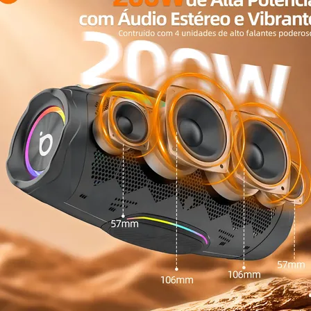 Caixa De Som Bluetooth Basike 200W Portátil Boombox 13.5 Pol TWS Bass Boost IPX6 Bateria 20000mAh RGB Para Festa Preto