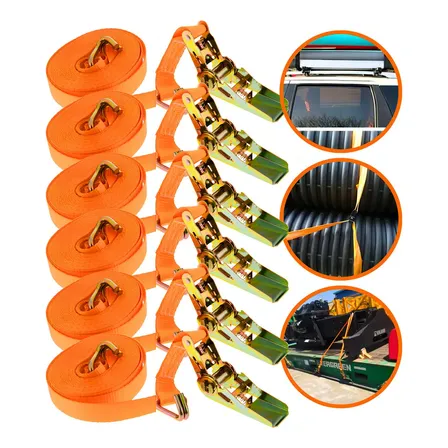 Kit 6 Conjuntos Cintas Com Catracas 5 Metros Suporta Até 800 Kg Cinta De Amarração Para Cargas 25mm Cor Laranja Atmas