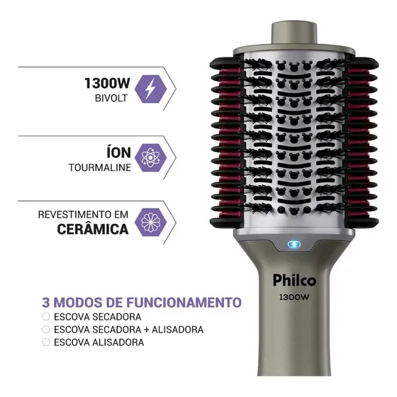 Escova Secadora Pes30 Multicerdas 4 Em 1 1300w Philco Bivolt Prateado