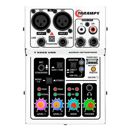 Interface De Áudio Taramps T0202 Usb De 2 Canais Branca Com Led Rgb E Phantom Power 5v
