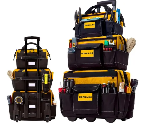 Kit 3 Bolsas Para Ferramentas Reforçada Com Carrinho Alça Telescópica Eletricista Encanador Carpinteiro Cor Amarelo E Preto Gbc-300 Gorillaz