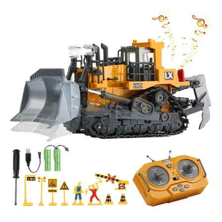 Movebrinca Bulldozer Rc 1:20, Trator De Esteira Com Controle Remoto 2.4ghz, Funções Múltiplas: Frente/trás, Braço De Carga Elevatório, Rotação 360°, Pá De Metal, Luzes Piscantes E Som Do Motor Amarelo