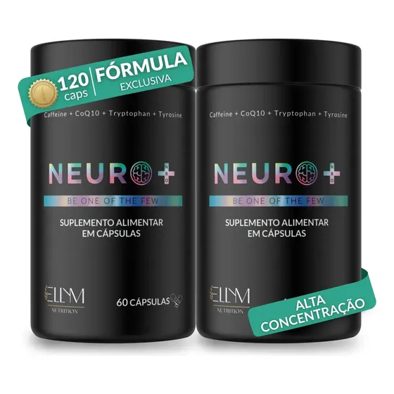 Kit 2 Neuro+ 60 Capsulas Nootropico Energético Foco Cafeina Taurina Magnesio Triptofano Taurina B12 L-Tirosina B3 B9 Memoria Energia Triptofano Vitaminas D Coenzima Q10 Ellym Nutrition