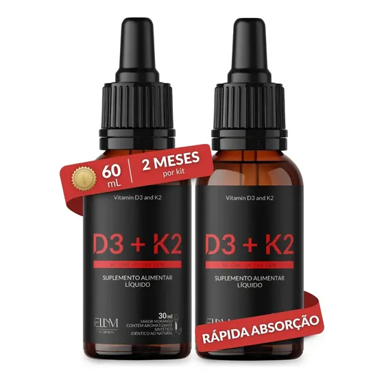 Kit 2 Vitamina D3 K2 Gotas Sublingual 2000 UI 120 mcg Mk7 Sabor Morango 30ml Menaquinona 7 Colecalciferol Oleo Linhaça Rápida Absorção Fortalecimento Ósseo Muscular D K Ellym Nutrition