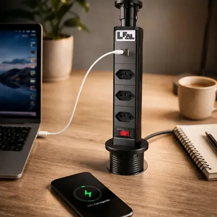 Torre De Tomada Para Bancada De Embutir Multiplug Retrátil Com 3 Tomadas E Usb E Usb C Tipo C Tipo-c Mesa Granito Mármore Pia Cozinha Escritório Mesa De Reunião Extensão Elétrica Bivolt Cor Preto Lfal