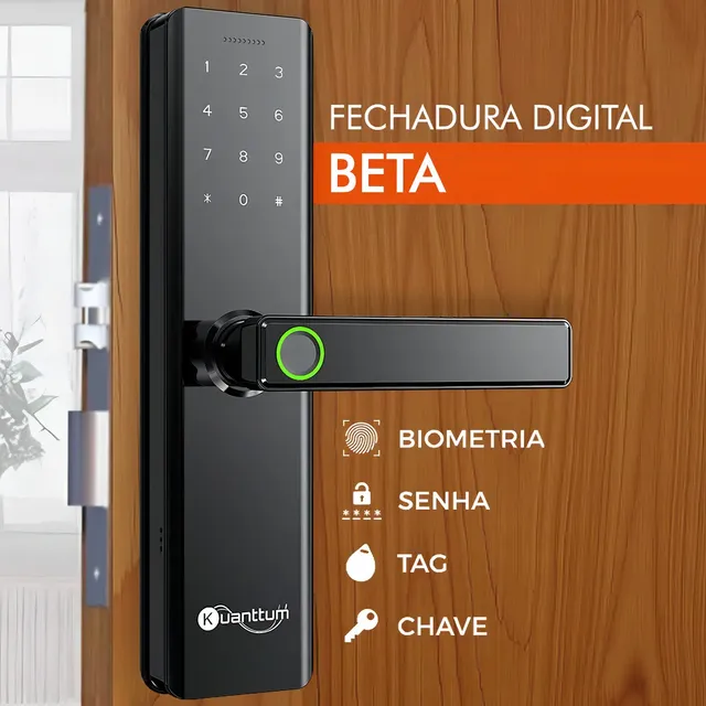 Fechadura Digital Kuanttum Beta de Embutir com Biometria, Senha e RFID para Porta de Madeira