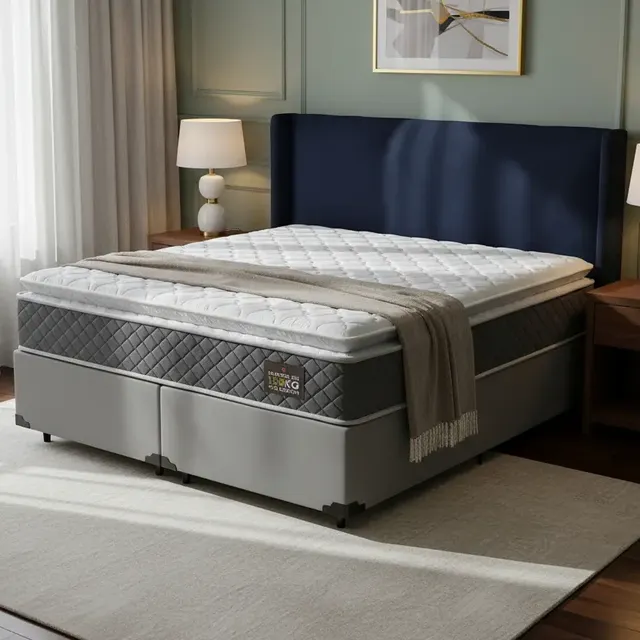 Cama Box Queen + Colchão De Espuma D45 C/ Pillow Top Cor Cinza