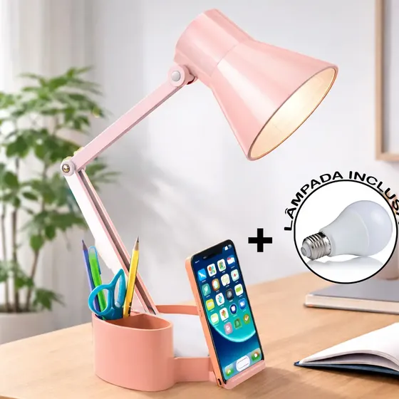Abajur Luminária Articulada Porta Lápis Home Office Estudo Cúpula Salmão Estrutura Salmão/Branco
