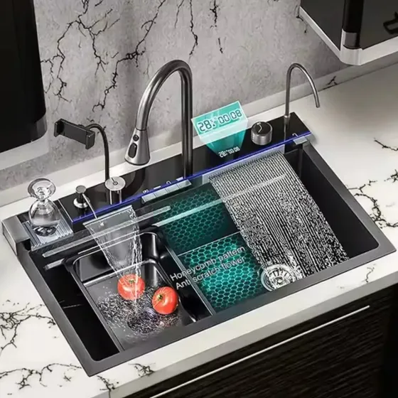 Kit Cuba Gourmet Premium Smart 75x46cm Aço Inox 304 com Display de Temperatura, Torneira Monocomando, Lavador de Copos e Suporte para Celular