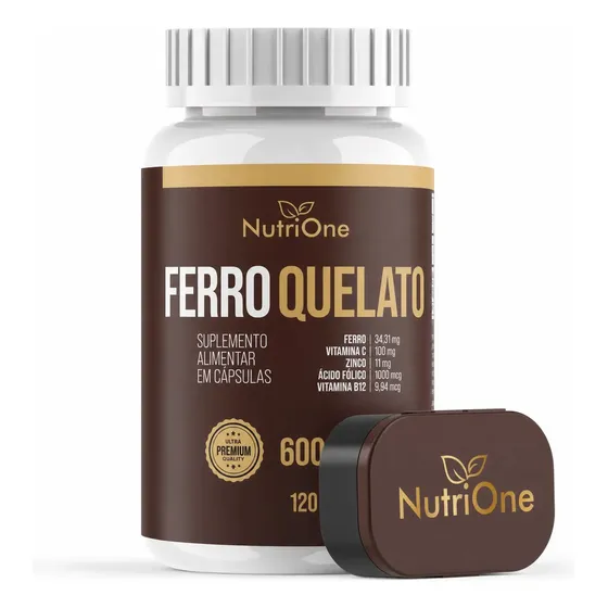 Ferro Quelato 34,31mg 120 Cápsulas 600mg com Vitamina C 100mg, Zinco 11mg, Ácido Fólico 1000mcg, Vitamina B12 9,94mcg Fórmula Completa Sem Glúten - Nutrione