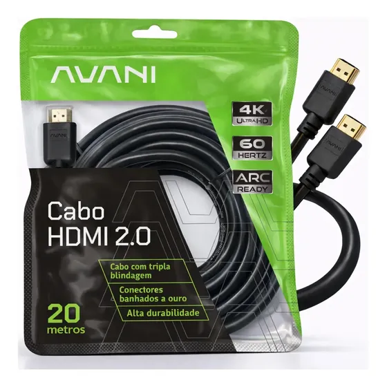 Cabo HDMI 20m Reforçado Tripla Blindagem Alta Durabilidade Versão 2.0 4K Ultra HD HDR ARC CEC Ethernet Conector Banhado a Ouro 20 metros