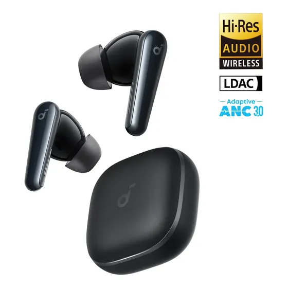 Fone Ouvido Soundcore Liberty 5 Bluetooth 5.4 ANC 3.0 Redução de Voz 2X Dolby Áudio Hi-Res LDAC Graves Dinâmicos 48h IP55 Carregamento Rápido 6 Mics IA Chamadas Claras App Personalização Cor Preto